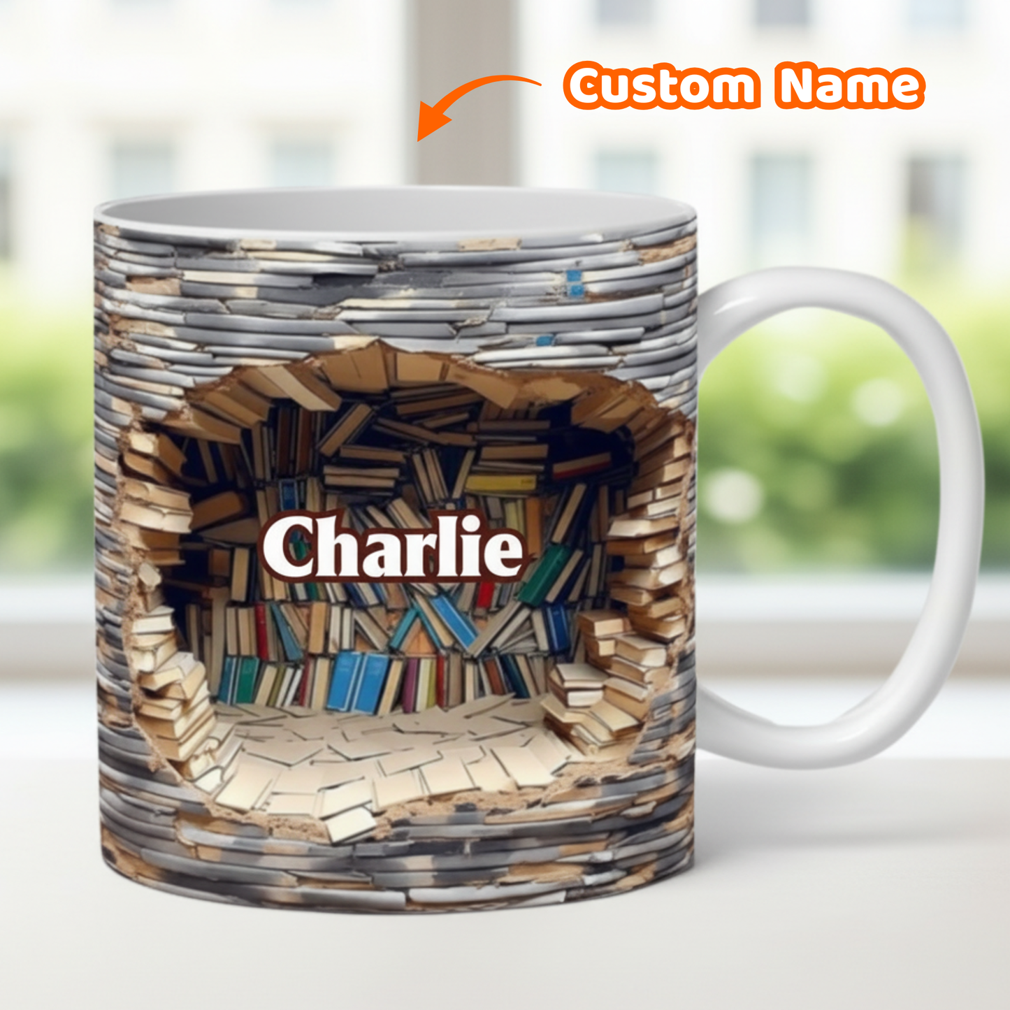 Custom Name 3D Library Shelf Ceramic Mug - Personalized Cool Gifts for Book Lovers