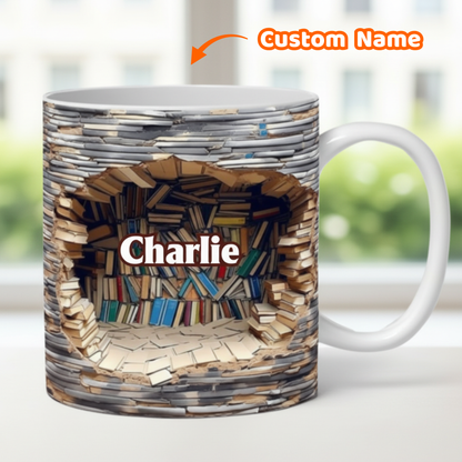 Custom Name 3D Library Shelf Ceramic Mug - Personalized Cool Gifts for Book Lovers