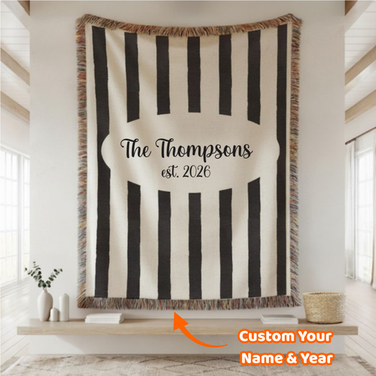 Custom Name And Year Black White Stripes Woven Blanket – Personalized Gift for Couples