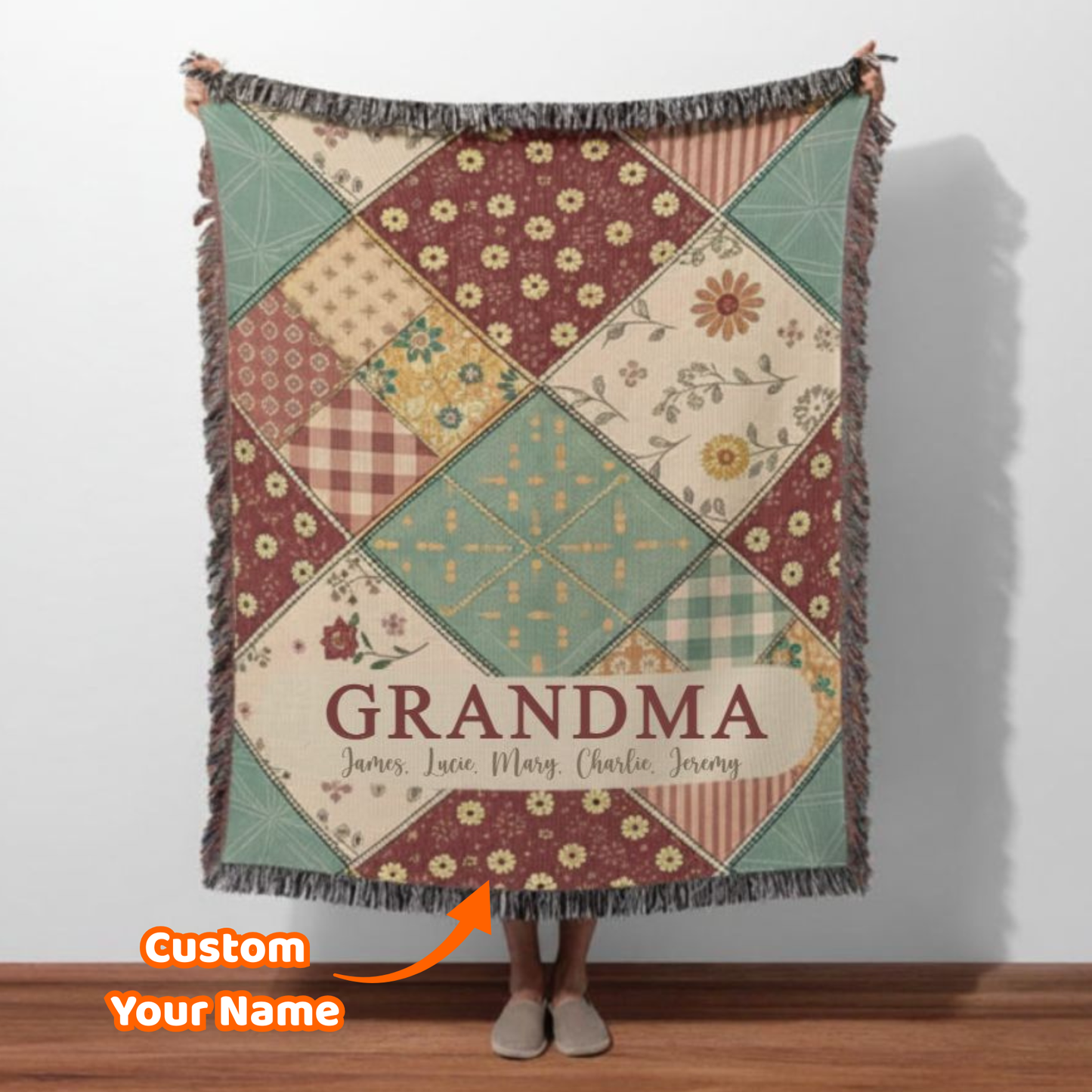 Custom Name Pastel Squares Woven Blanket – Personalized Gift for Mom, Grandma