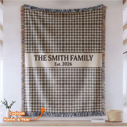 Taupe Houndstooth Plaid Custom Name & Year Blanket for Couple/Family – Personalized Wedding & Anniversary Gift