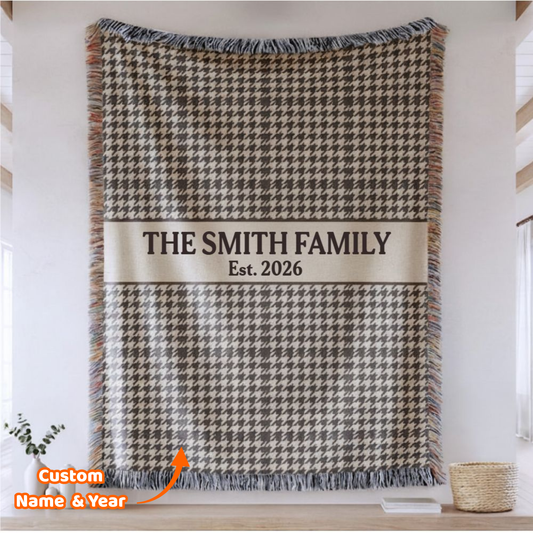 Taupe Houndstooth Plaid Custom Name & Year Blanket for Couple/Family – Personalized Wedding & Anniversary Gift