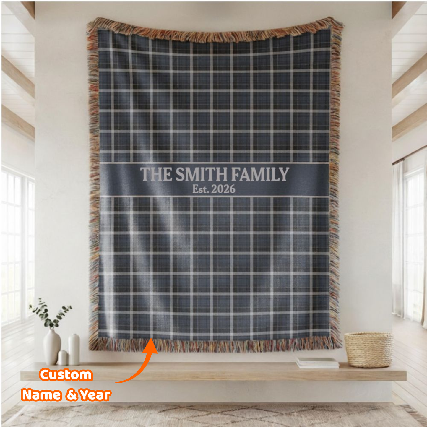 Navy Plaid Custom Name & Year Blanket for Couple/Family – Personalized Wedding & Anniversary Gift