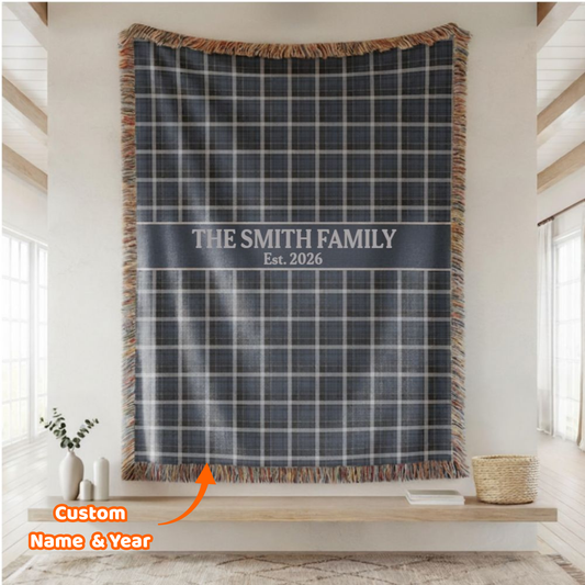 Navy Plaid Custom Name & Year Blanket for Couple/Family – Personalized Wedding & Anniversary Gift