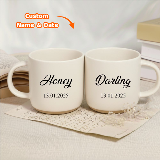 Custom Name And Date Ceramic Couple Cups – Romantic Gift for Wedding, Anniversaries