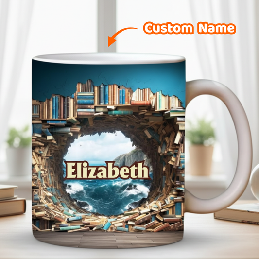 Custom Name Ocean Book Tunnel Ceramic Mug - Personalized Perfect Gift for Readers, Book Lovers