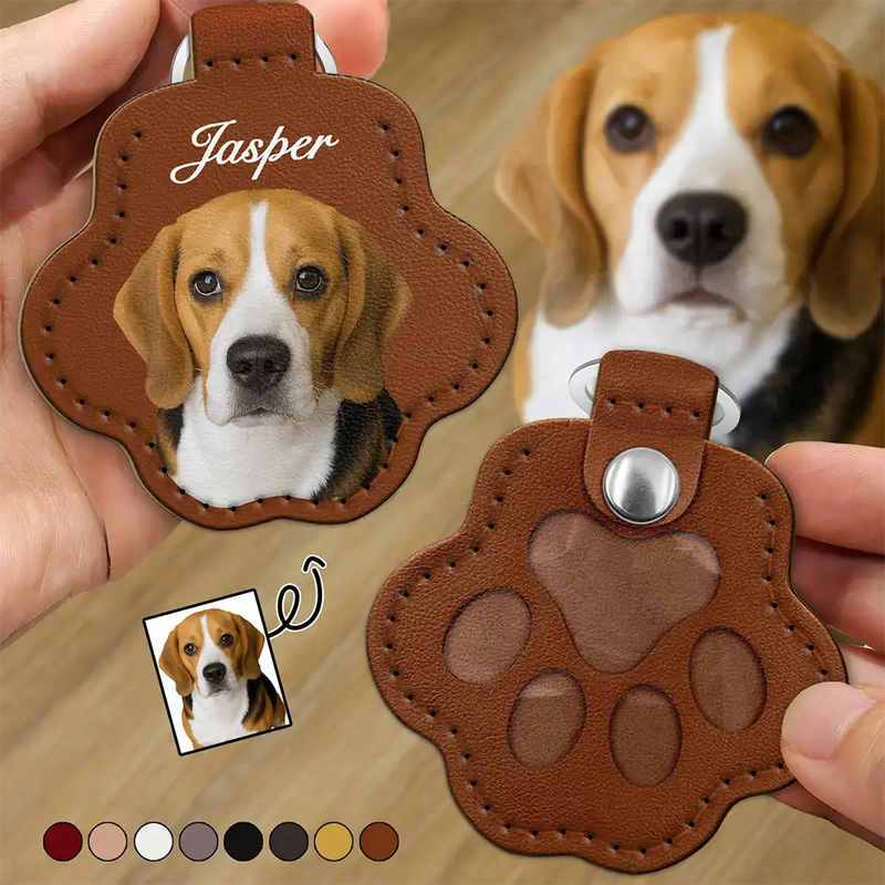 Custom Photo Dog Cat Pet Portrait - Personalized Paw Shaped Leather Keychain With Stitching