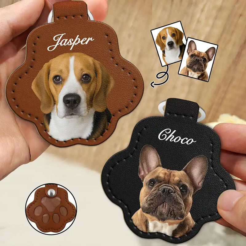 Custom Photo Dog Cat Pet Portrait - Personalized Paw Shaped Leather Keychain With Stitching