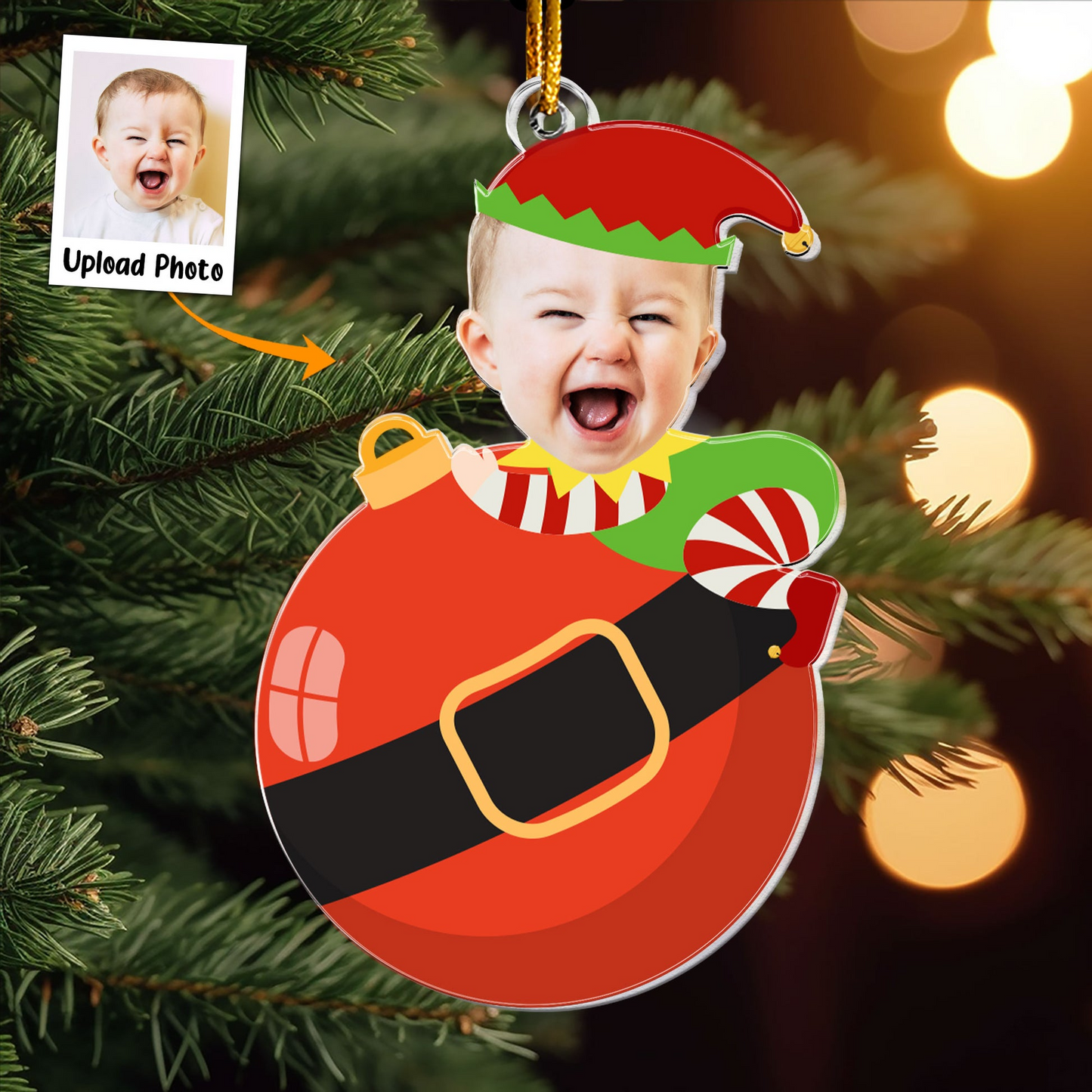 Cute Baby Elf Christmas - Personalized Babys Photo First Christmas Ornament - For Mom, Dad and Family