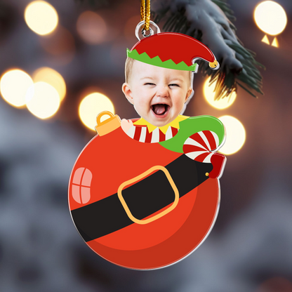 Cute Baby Elf Christmas - Personalized Babys Photo First Christmas Ornament - For Mom, Dad and Family