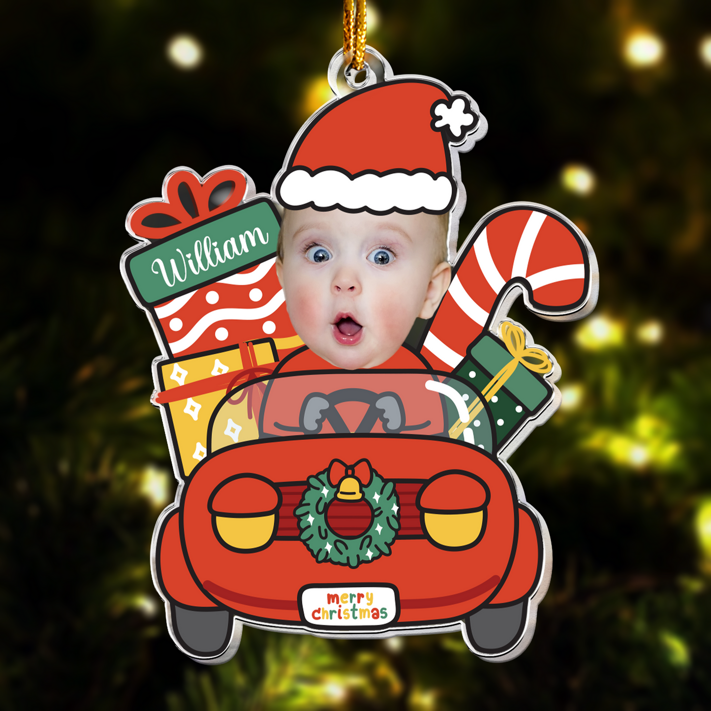 Custom Baby Santa Car Acrylic Photo Ornament – Personalized Christmas Ornament for Babies, Kids & Newborns – Cute Holiday Family Gift