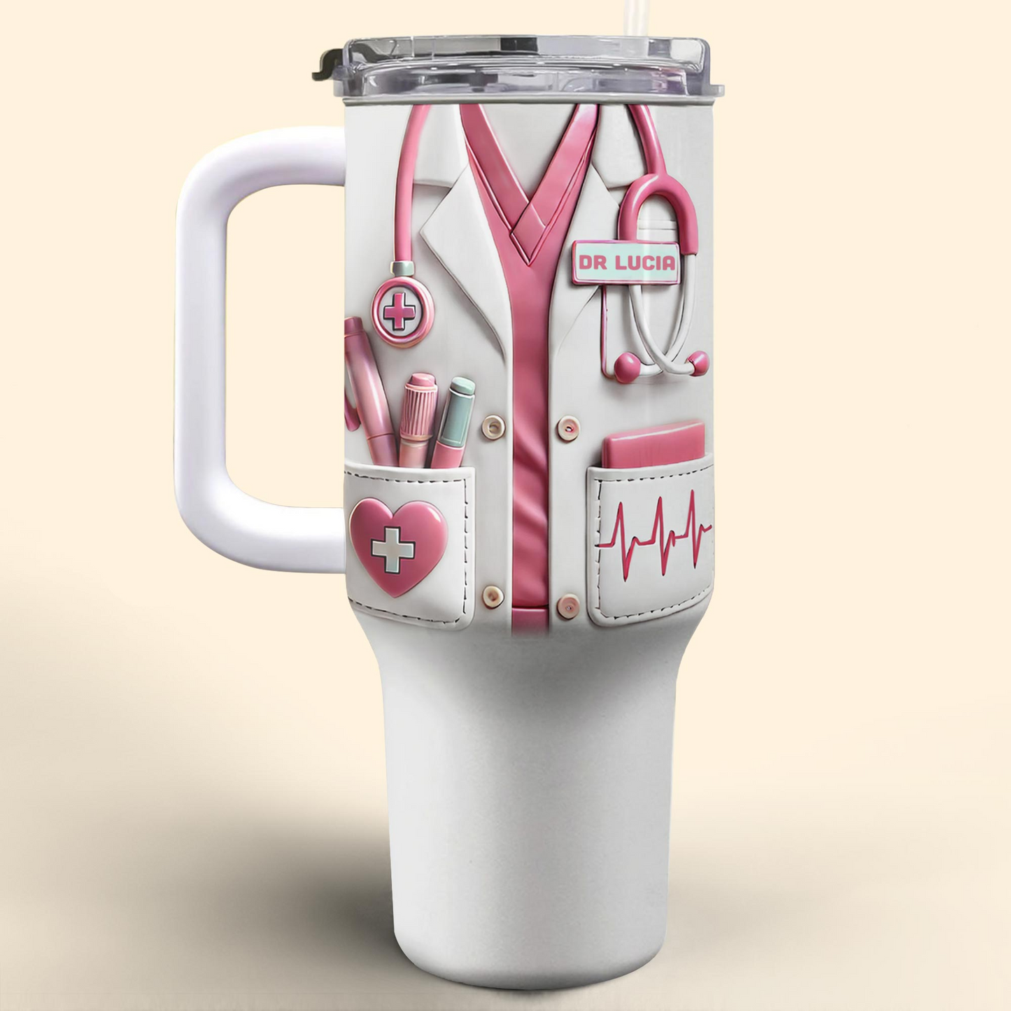 Medical Essentials, Stethoscope And Heartbeat Line, Personalized 40oz Tumbler With Straw, Gift for Medical Professionals And Students