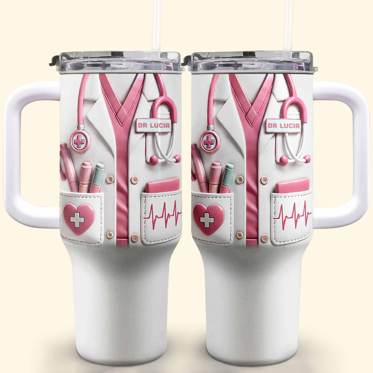 Medical Essentials, Stethoscope And Heartbeat Line, Personalized 40oz Tumbler With Straw, Gift for Medical Professionals And Students
