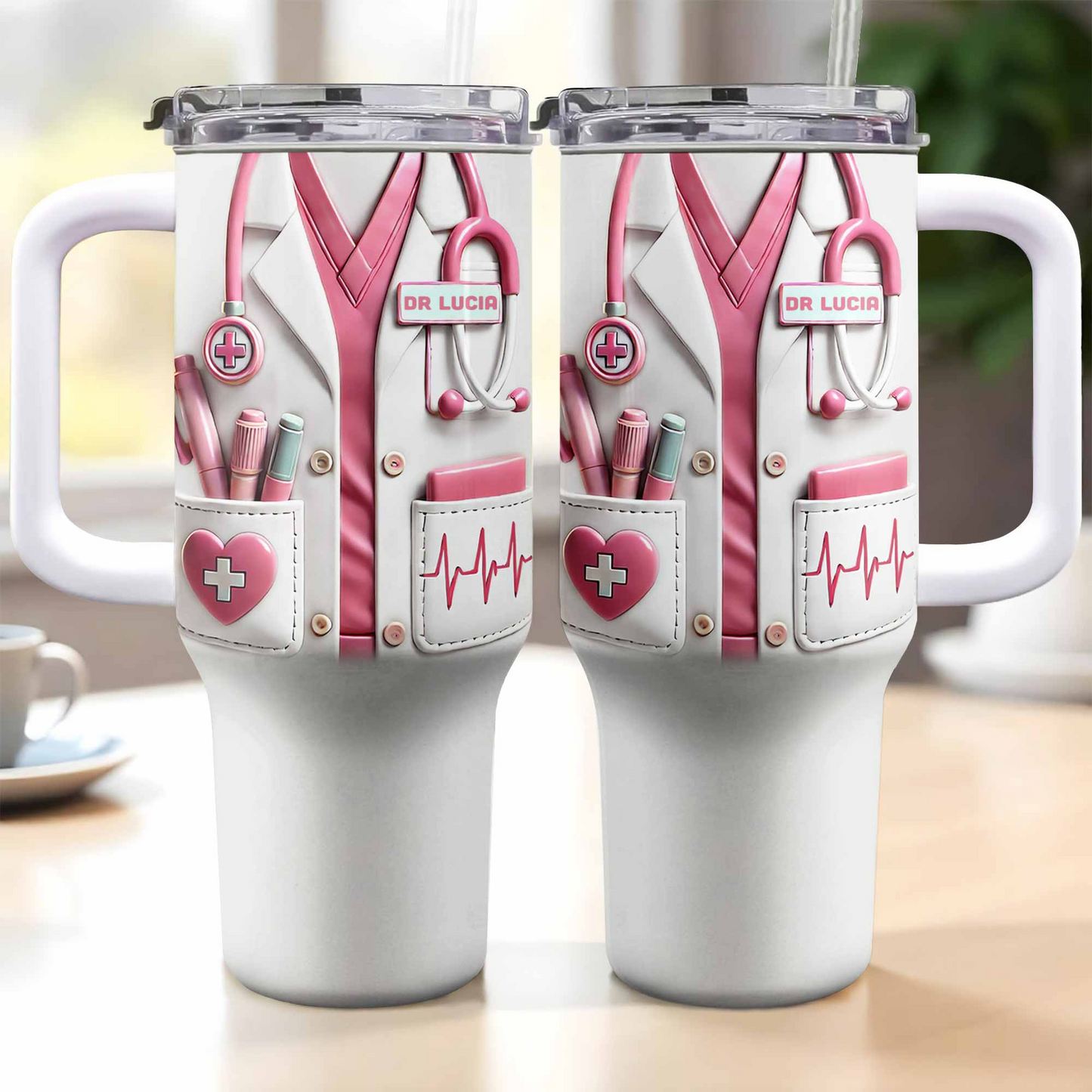 Medical Essentials, Stethoscope And Heartbeat Line, Personalized 40oz Tumbler With Straw, Gift for Medical Professionals And Students