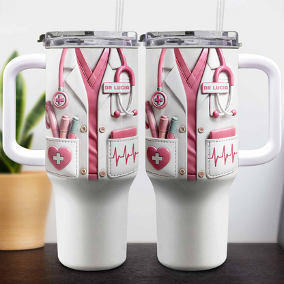 Medical Essentials, Stethoscope And Heartbeat Line, Personalized 40oz Tumbler With Straw, Gift for Medical Professionals And Students