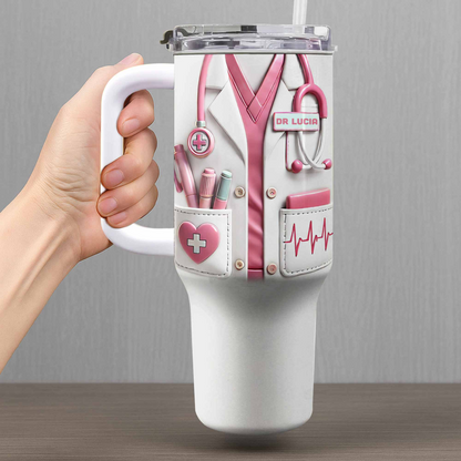 Medical Essentials, Stethoscope And Heartbeat Line, Personalized 40oz Tumbler With Straw, Gift for Medical Professionals And Students