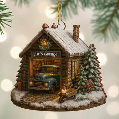 Welcome To Joe's Garage With Vintage Truck And Christmas Trees,Personalized Custom Wood Ornament,Gift For Car Lovers And Fathers