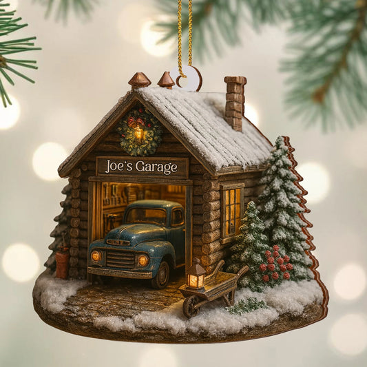 Welcome To Joe's Garage With Vintage Truck And Christmas Trees,Personalized Custom Wood Ornament,Gift For Car Lovers And Fathers