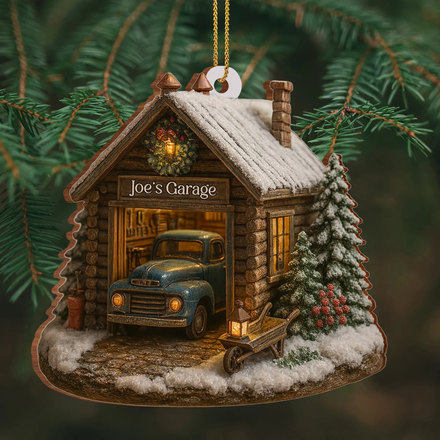 Welcome To Joe's Garage With Vintage Truck And Christmas Trees,Personalized Custom Wood Ornament,Gift For Car Lovers And Fathers