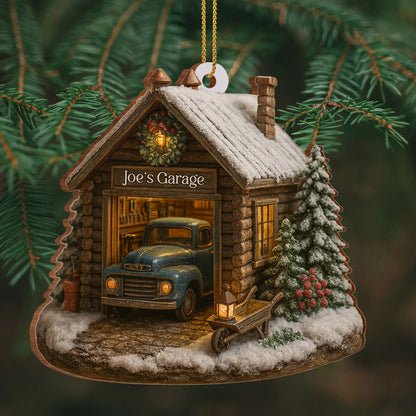 Welcome To Joe's Garage With Vintage Truck And Christmas Trees,Personalized Custom Wood Ornament,Gift For Car Lovers And Fathers