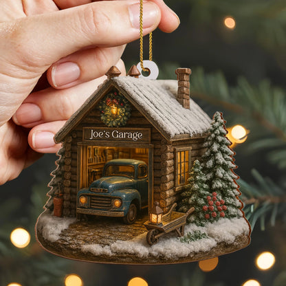 Welcome To Joe's Garage With Vintage Truck And Christmas Trees,Personalized Custom Wood Ornament,Gift For Car Lovers And Fathers