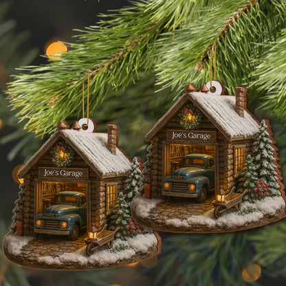 Welcome To Joe's Garage With Vintage Truck And Christmas Trees,Personalized Custom Wood Ornament,Gift For Car Lovers And Fathers