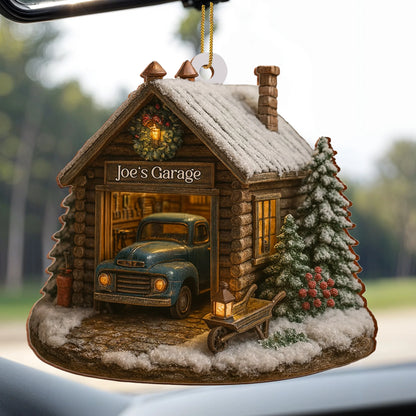 Welcome To Joe's Garage With Vintage Truck And Christmas Trees,Personalized Custom Wood Ornament,Gift For Car Lovers And Fathers