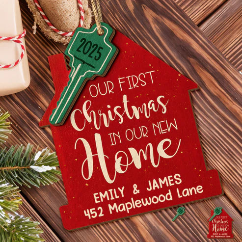 Our First Christmas New Home And Key,Personalized Double Layer Wood Ornament,Gift For Couples