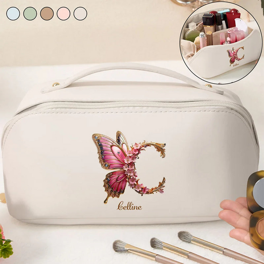 Flower Butterfly Monogram - Personalized Leather Makeup Bag