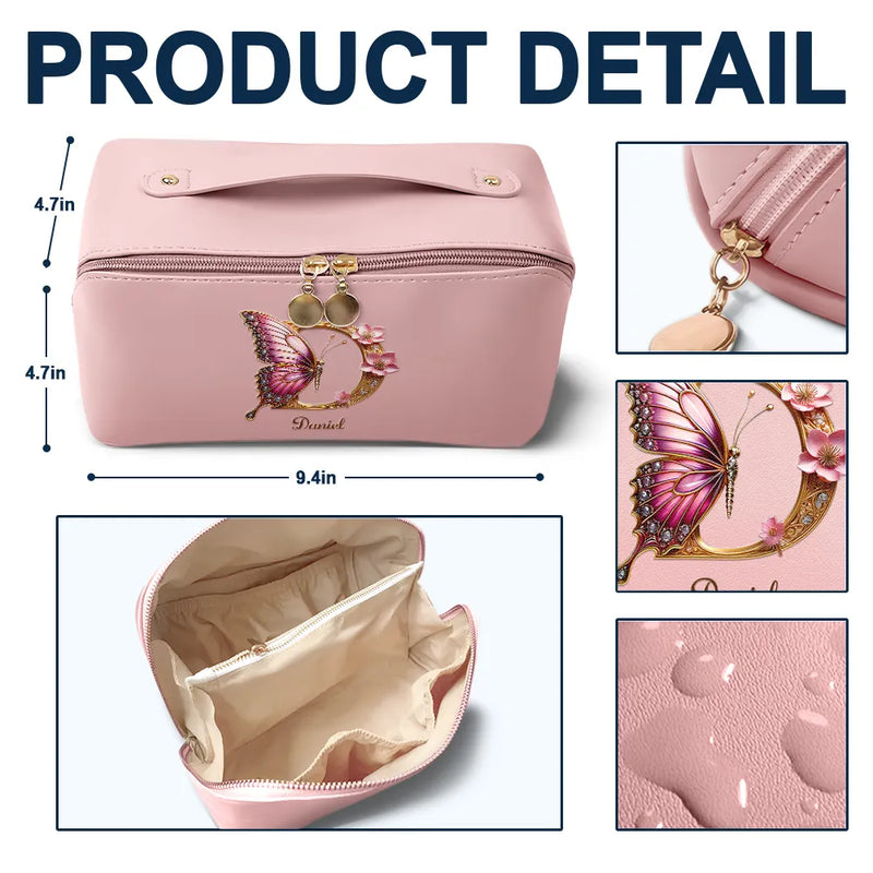 Flower Butterfly Monogram - Personalized Leather Makeup Bag