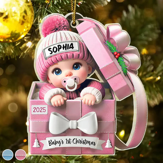 Baby First Christmas, Baby Reveals, Gift Box 3D Effect - Personalized Custom Shaped Acrylic Ornament