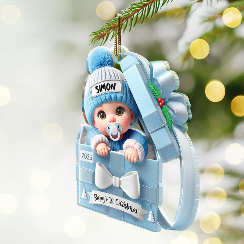 Baby First Christmas, Baby Reveals, Gift Box 3D Effect - Personalized Custom Shaped Acrylic Ornament