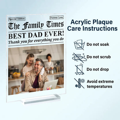 Custom Photo Best Mom Dad Ever Newspaper Theme - Personalized Vertical Rectangle Acrylic Plaque