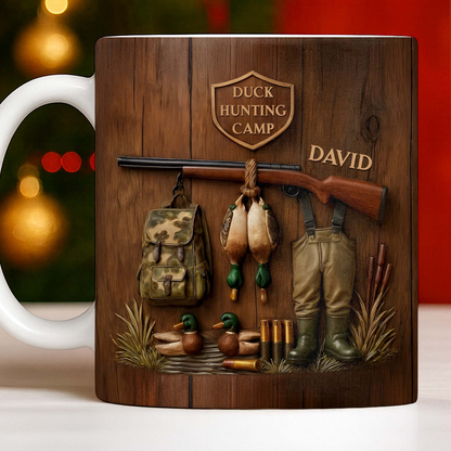 Duck Hunting Camp With Rifle And Ducks, Personalized Coffee Mug, Gift For Hunters