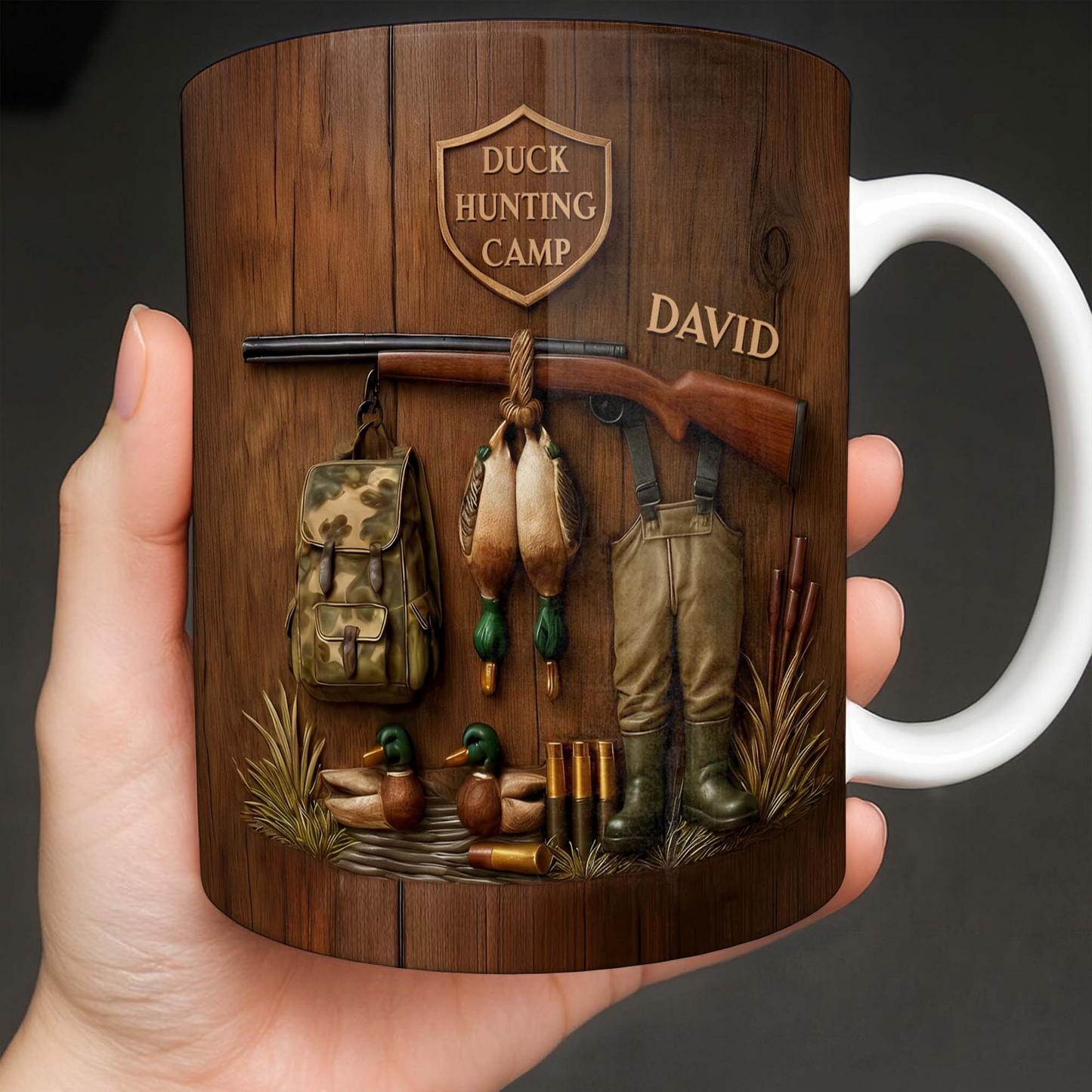 Duck Hunting Camp With Rifle And Ducks, Personalized Coffee Mug, Gift For Hunters