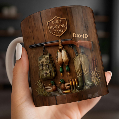 Duck Hunting Camp With Rifle And Ducks, Personalized Coffee Mug, Gift For Hunters