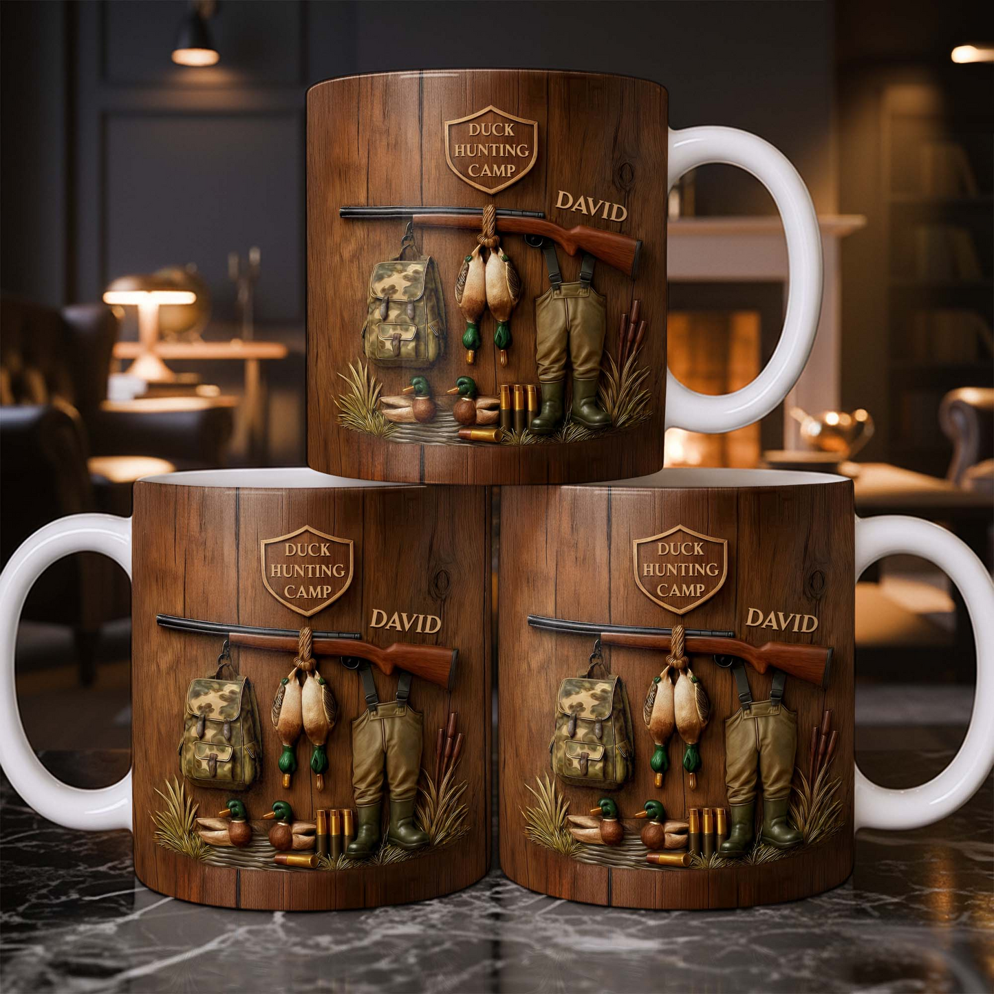 Duck Hunting Camp With Rifle And Ducks, Personalized Coffee Mug, Gift For Hunters