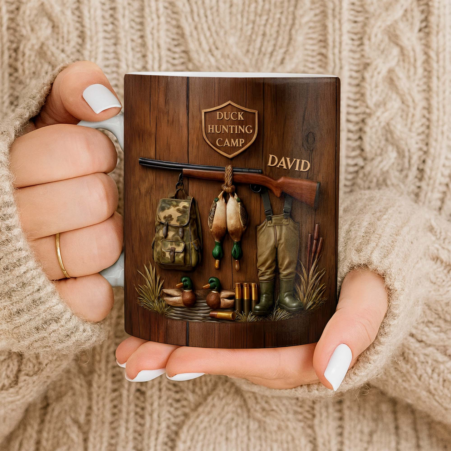Duck Hunting Camp With Rifle And Ducks, Personalized Coffee Mug, Gift For Hunters