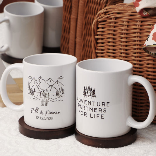 Personalized Adventure Partners for Life Matching Mugs – Custom Couple Name Mug Set, Anniversary & Valentine Gift