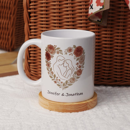 Personalized Floral Heart Couple Mug with Custom Name – Romantic Gift for Her on Valentine’s Day, Anniversary or Wedding
