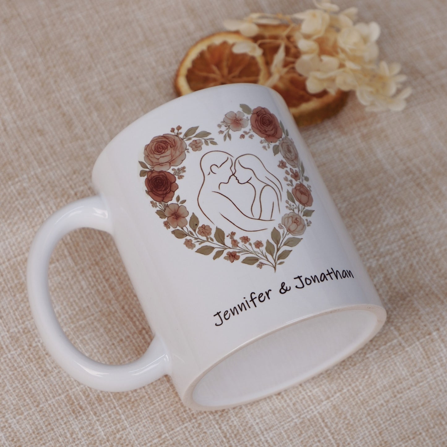 Personalized Floral Heart Couple Mug with Custom Name – Romantic Gift for Her on Valentine’s Day, Anniversary or Wedding