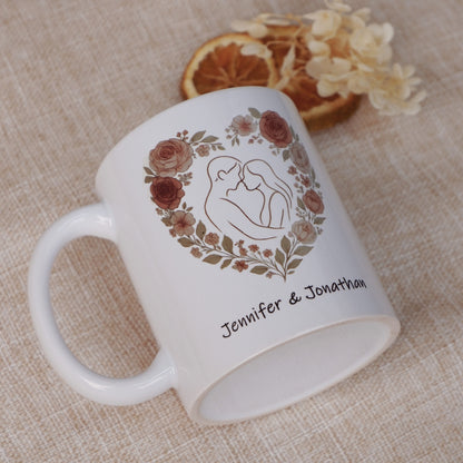 Personalized Floral Heart Couple Mug with Custom Name – Romantic Gift for Her on Valentine’s Day, Anniversary or Wedding