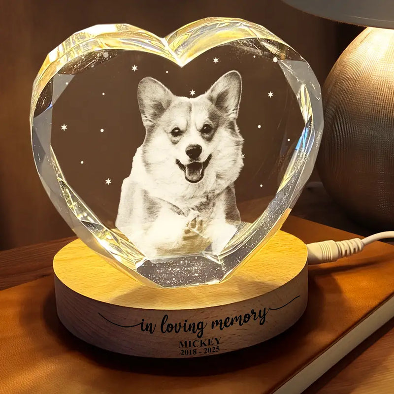 Custom Photo Forever Loved Memorial Dog Cat - Personalized Crystal Heart Shaped Lamp
