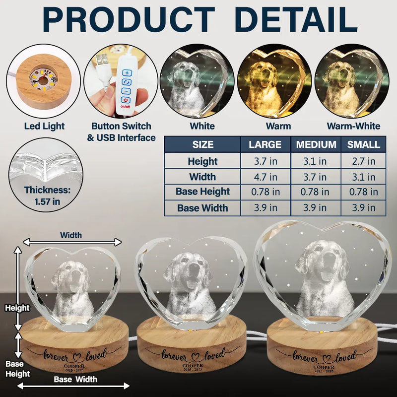 Custom Photo Forever Loved Memorial Dog Cat - Personalized Crystal Heart Shaped Lamp
