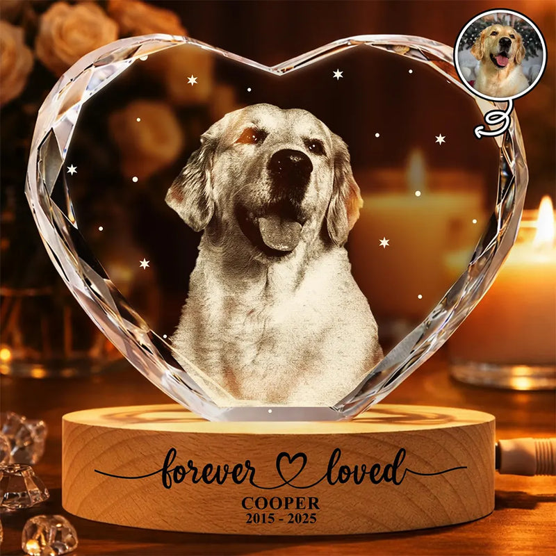 Custom Photo Forever Loved Memorial Dog Cat - Personalized Crystal Heart Shaped Lamp
