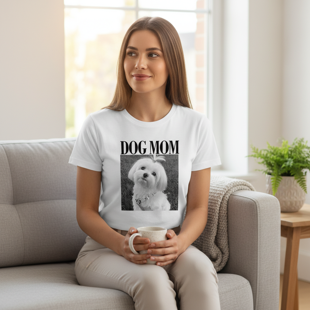 Custom Photo Dog Mom Dog Dad Grayscale Vintage - Personalized Woman T Shirt