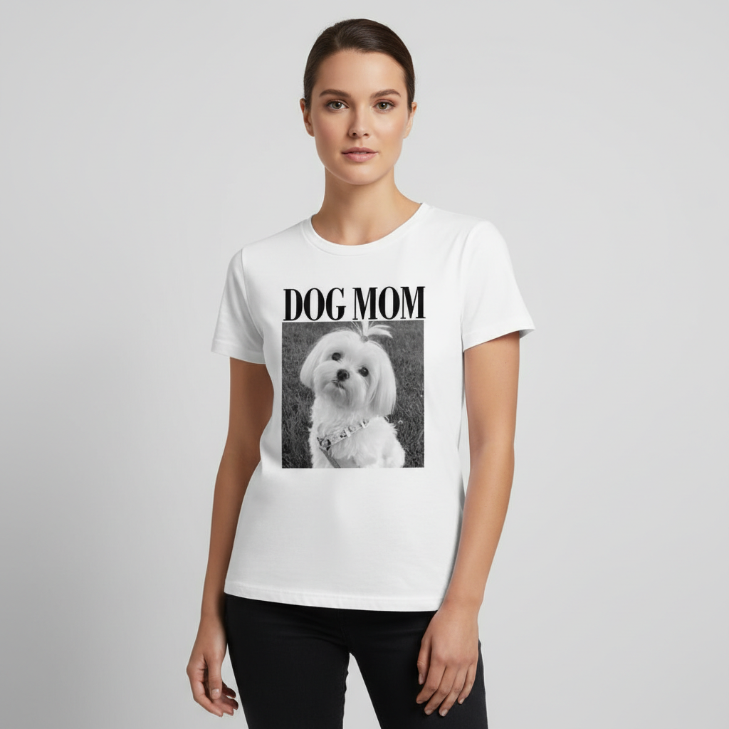 Custom Photo Dog Mom Dog Dad Grayscale Vintage - Personalized Woman T Shirt
