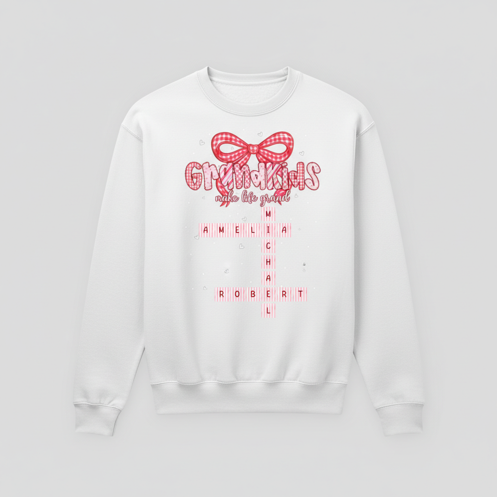Grandkids Make Life Grand Preppy Valentine Pattern Crossword Puzzle Art - Personalized Sweatshirt - Valentine's Day Gift For Grandma