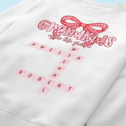 Grandkids Make Life Grand Preppy Valentine Pattern Crossword Puzzle Art - Personalized Sweatshirt - Valentine's Day Gift For Grandma
