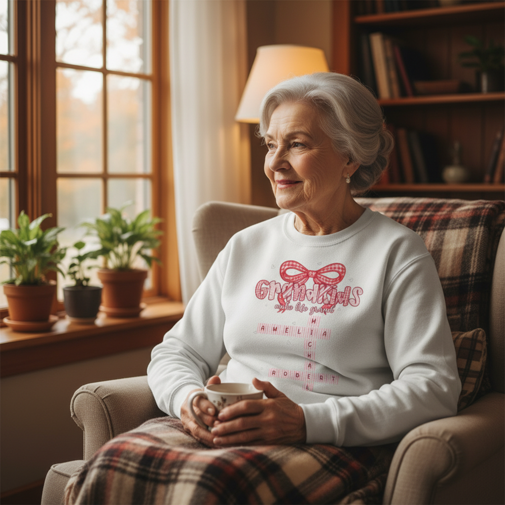 Grandkids Make Life Grand Preppy Valentine Pattern Crossword Puzzle Art - Personalized Sweatshirt - Valentine's Day Gift For Grandma